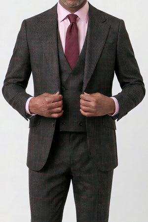 English Prince of Wales with Overcheck Suit — Charcoal Gray with Red