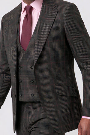 English Prince of Wales with Overcheck Suit — Charcoal Gray with Red