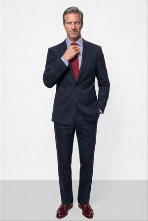 English Dugdale & Bros. Textured Weave Merino Wool Suit — Navy