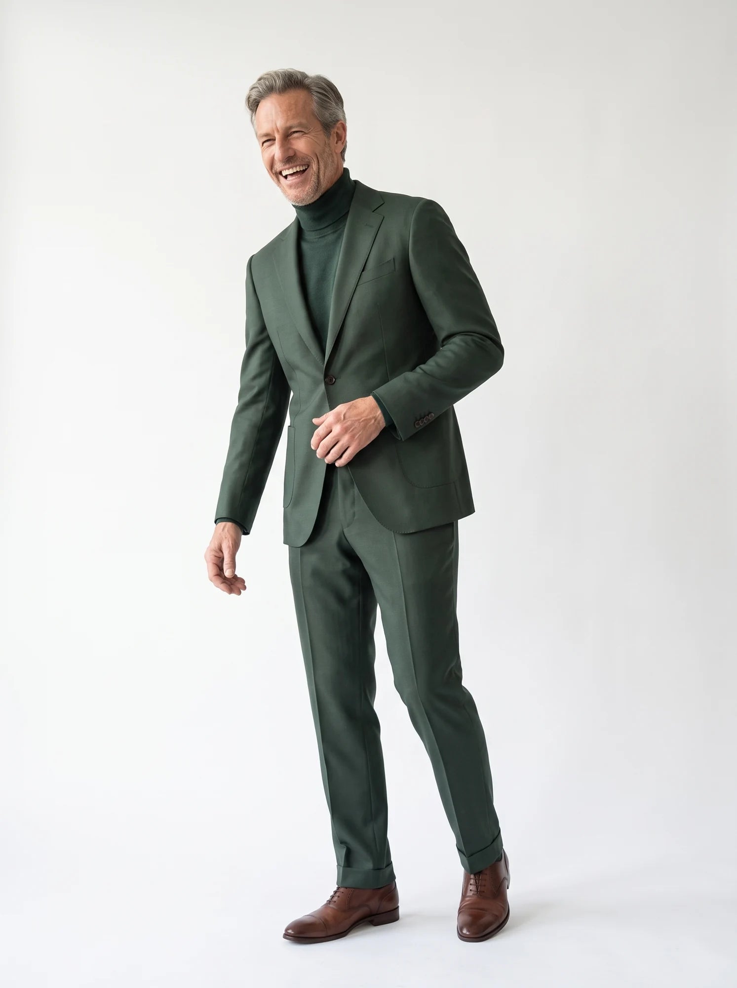 Forest-green tailoring in motion