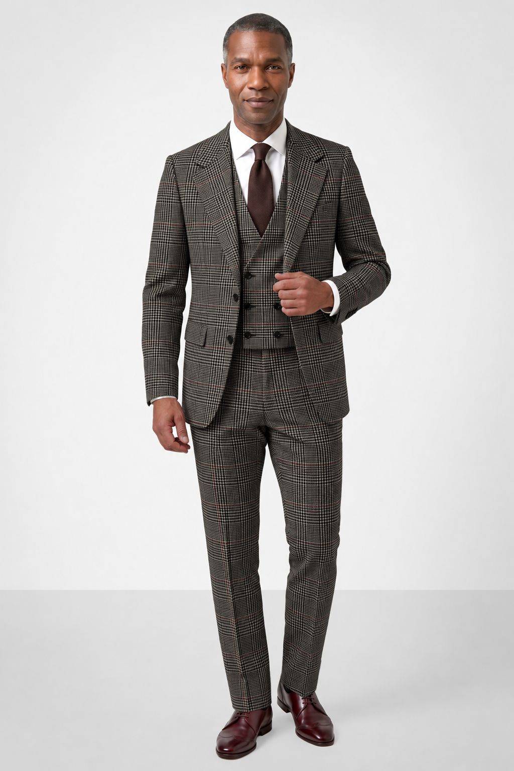 English Prince of Wales with Overcheck Suit — Black & White with Red
