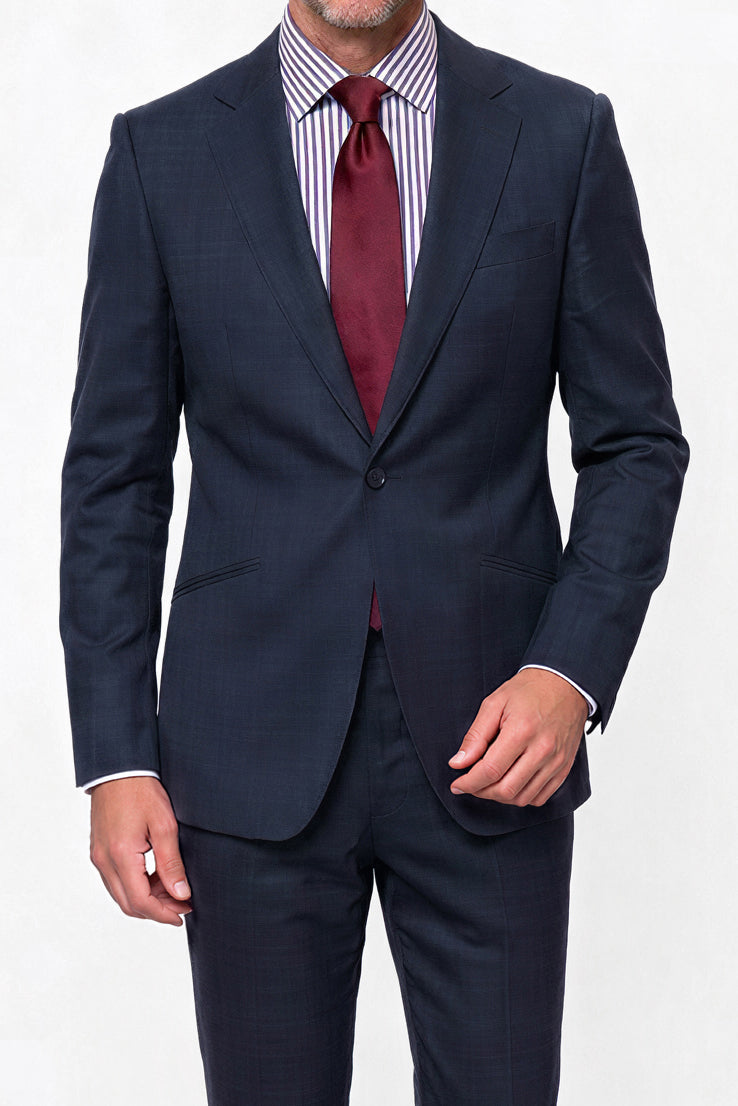 English Dugdale & Bros. Textured Weave Merino Wool Suit — Navy