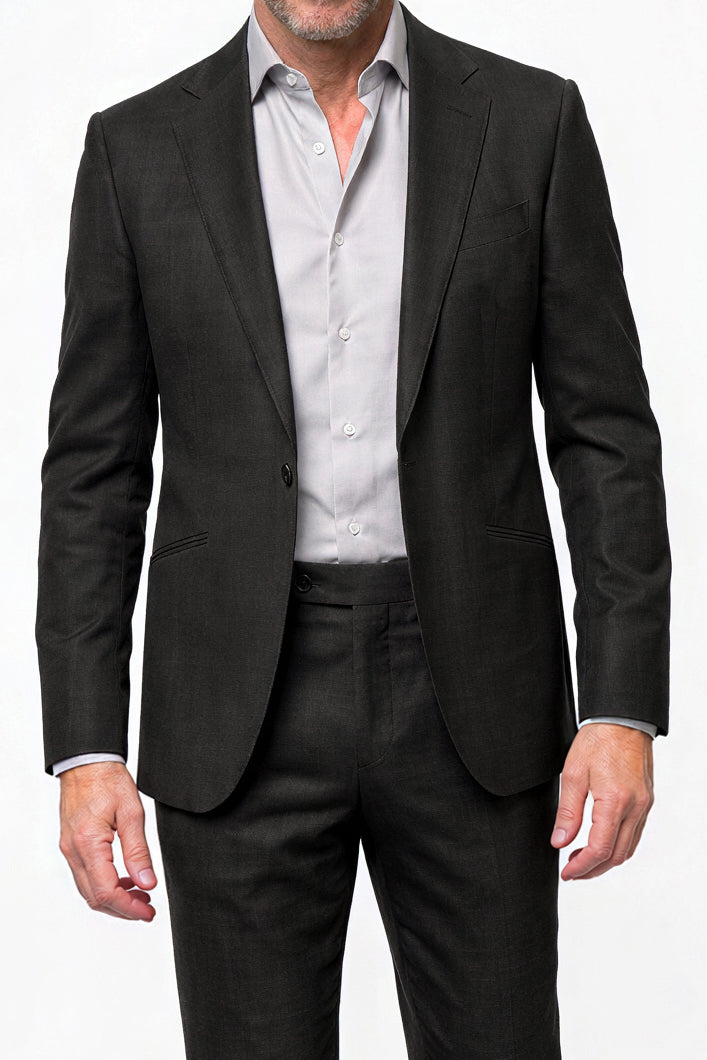 English Dugdale & Bros. Textured Weave Merino Wool Suit — Charcoal