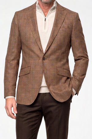 English Plaid 120s Blazer — Dark Sand with Brown Overcheck