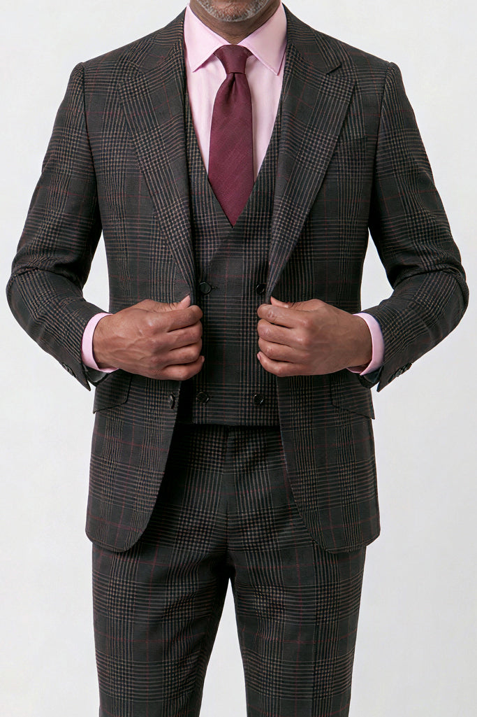 English Prince of Wales with Overcheck Suit — Charcoal Gray with Red