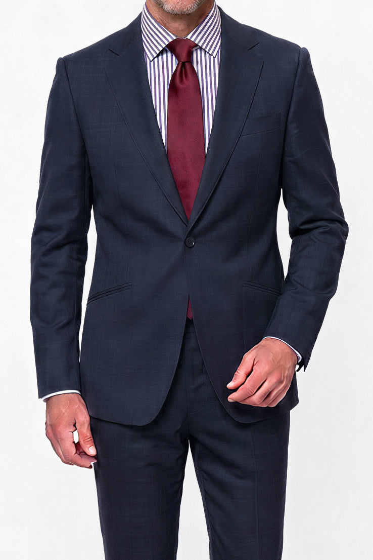 English Dugdale & Bros. Textured Weave Merino Wool Suit — Navy