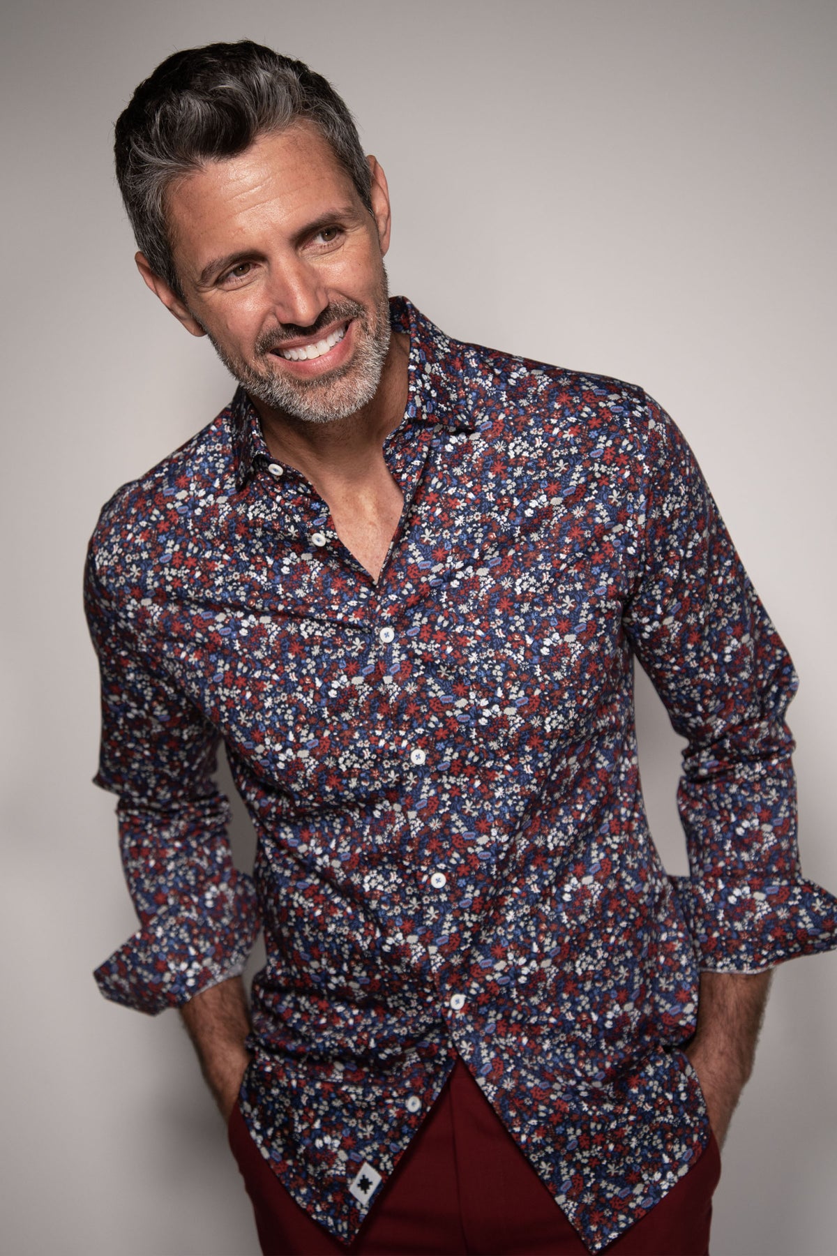 Red Blue Wildflower Button Down Long Sleeve Shirt