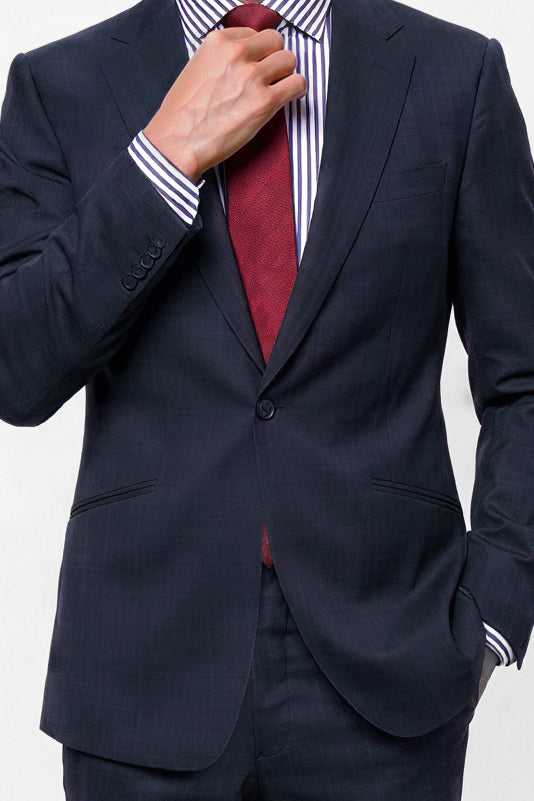 English Dugdale & Bros. Textured Weave Merino Wool Suit — Navy