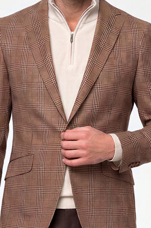 English Plaid 120s Blazer — Dark Sand with Brown Overcheck
