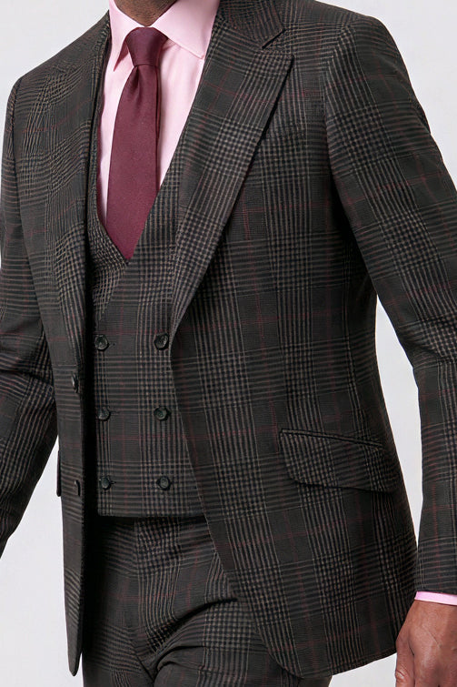 English Prince of Wales with Overcheck Suit — Charcoal Gray with Red
