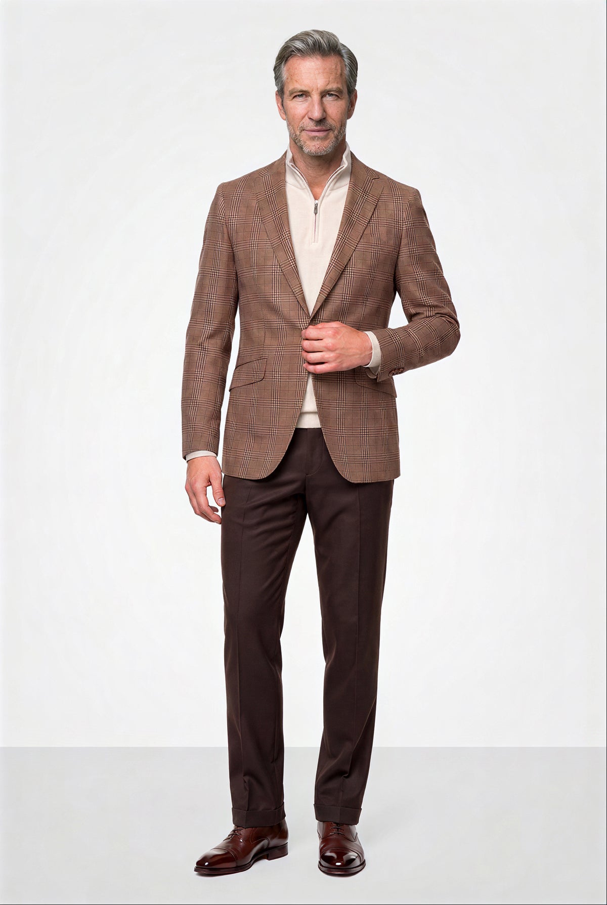 English Plaid 120s Blazer — Dark Sand with Brown Overcheck
