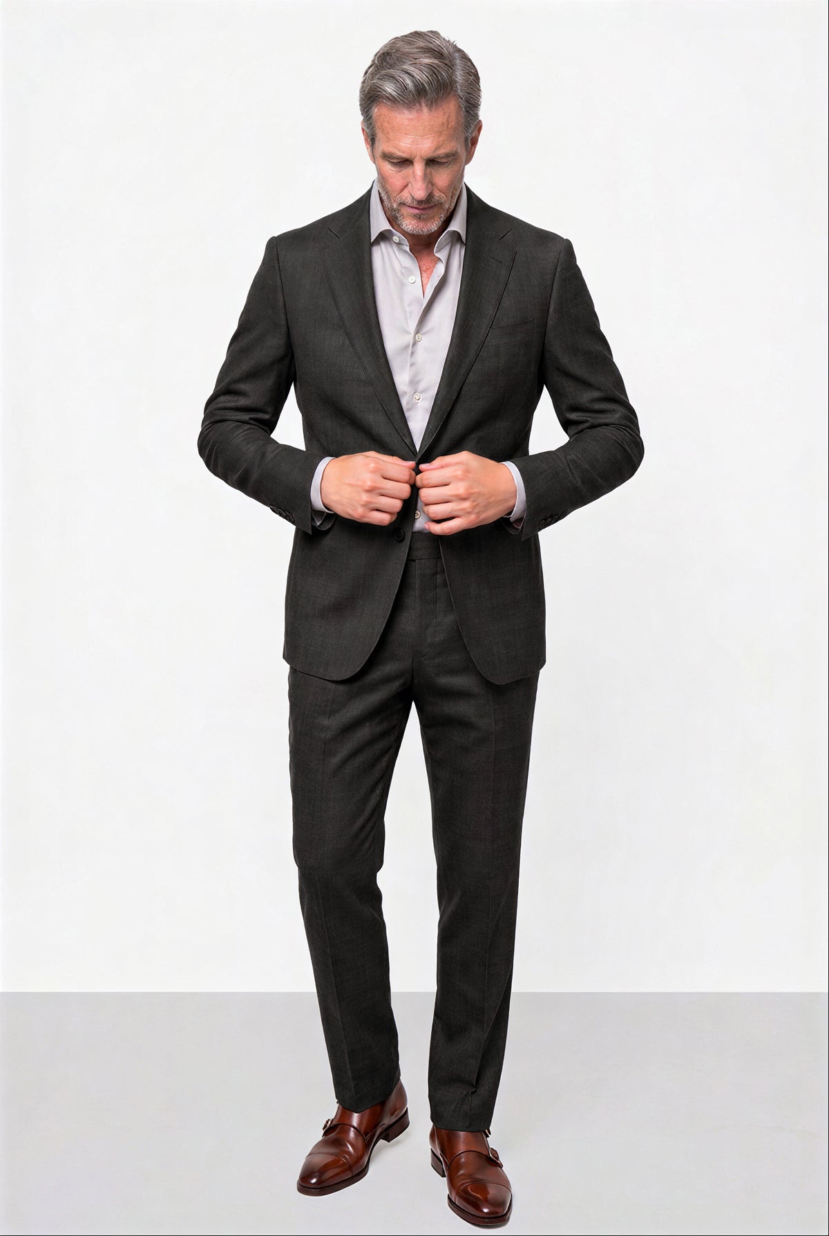 English Dugdale & Bros. Textured Weave Merino Wool Suit — Charcoal