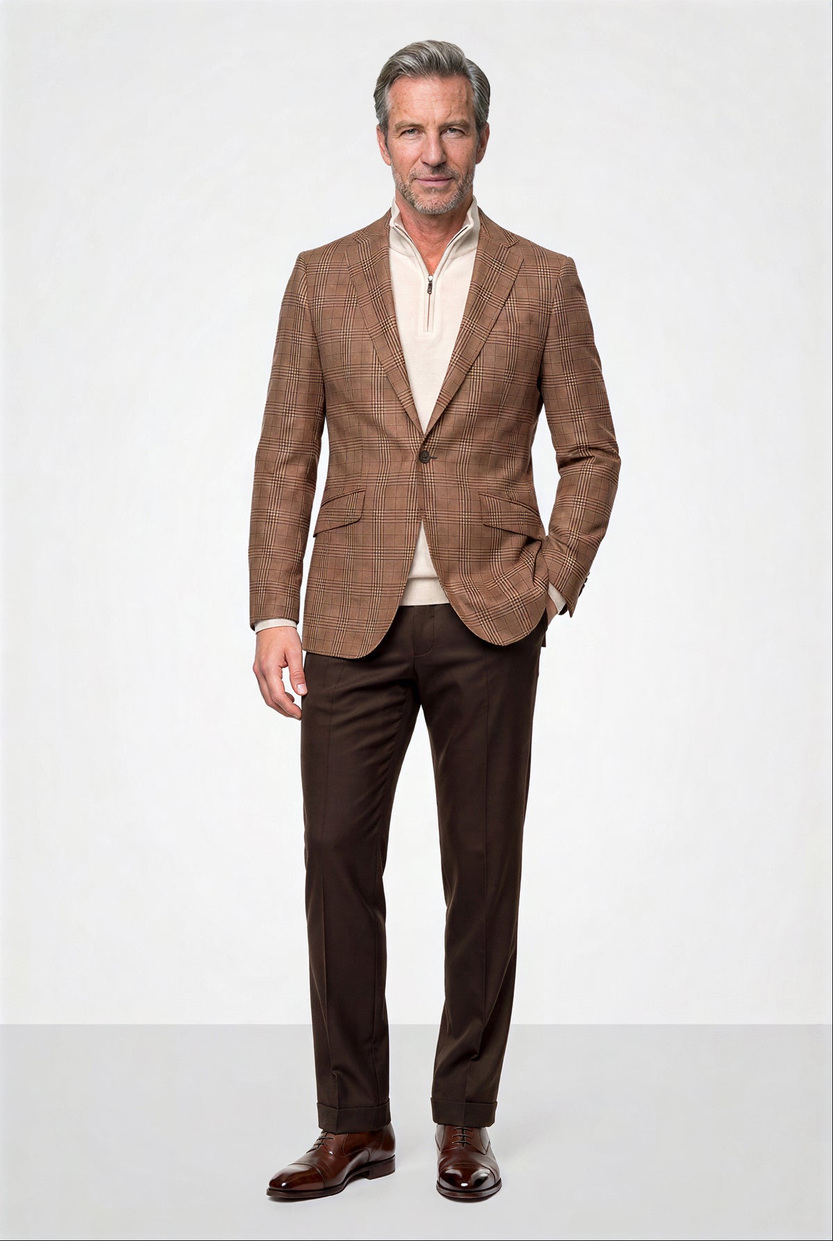 English Plaid 120s Blazer — Dark Sand with Brown Overcheck