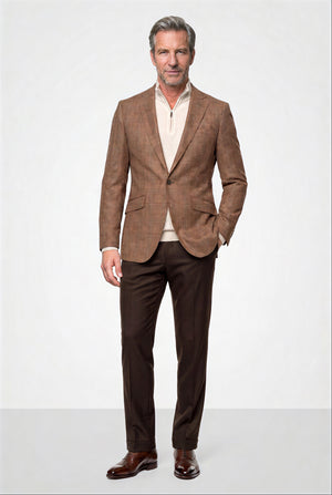 English Plaid 120s Blazer — Dark Sand with Brown Overcheck