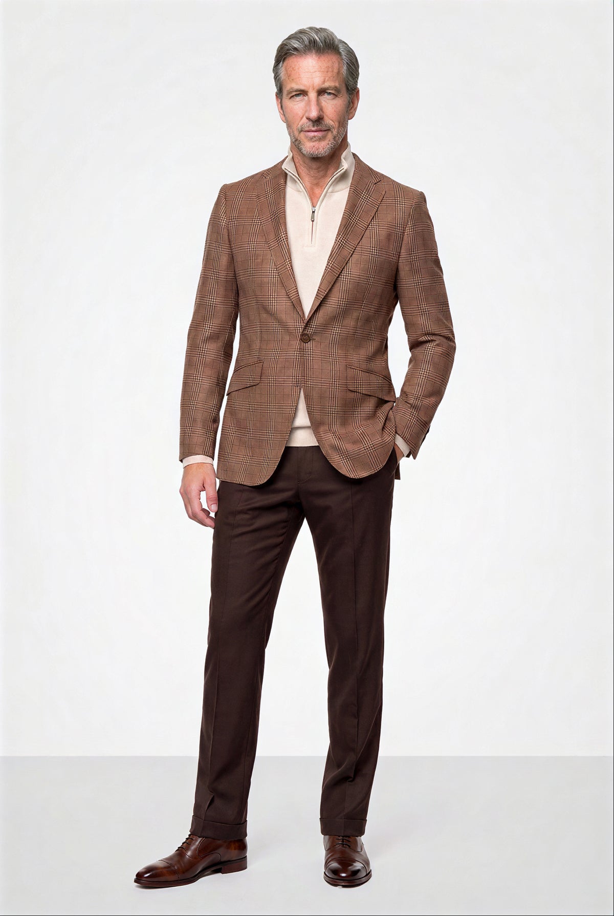 English Plaid 120s Blazer — Dark Sand with Brown Overcheck