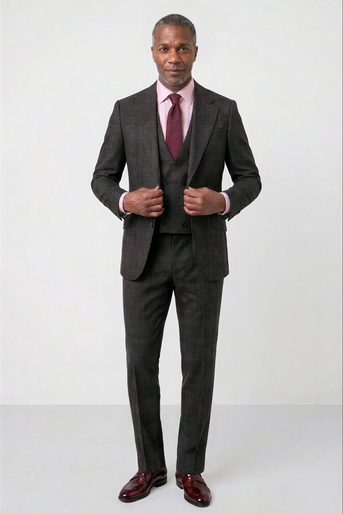English Prince of Wales with Overcheck Suit — Charcoal Gray with Red