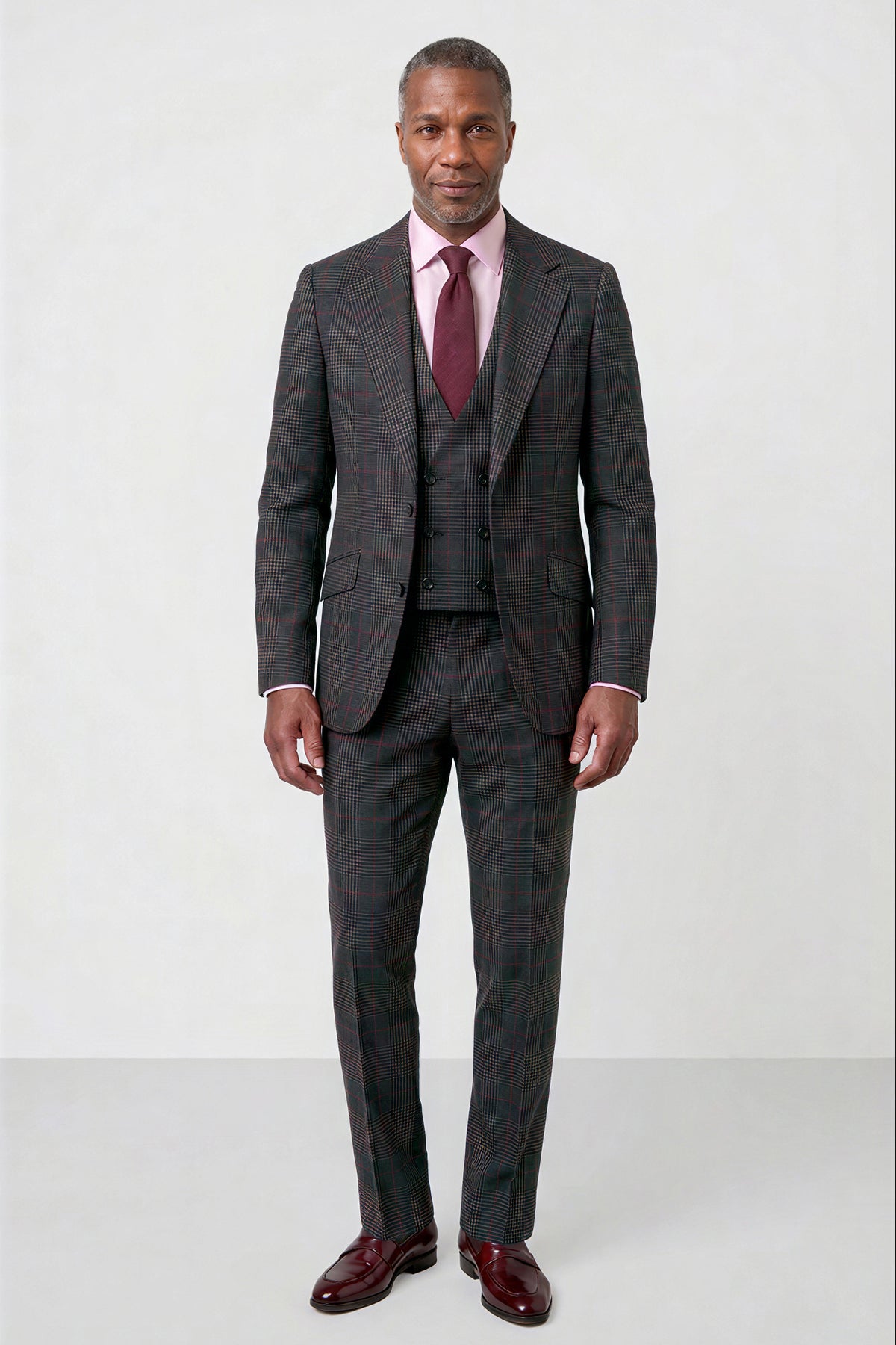English Prince of Wales with Overcheck Suit — Charcoal Gray with Red