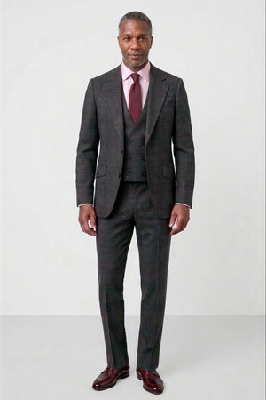 English Prince of Wales with Overcheck Suit — Charcoal Gray with Red