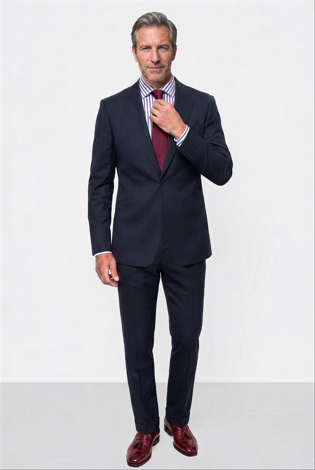 English Dugdale & Bros. Textured Weave Merino Wool Suit — Navy