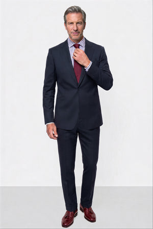 English Dugdale & Bros. Textured Weave Merino Wool Suit — Navy