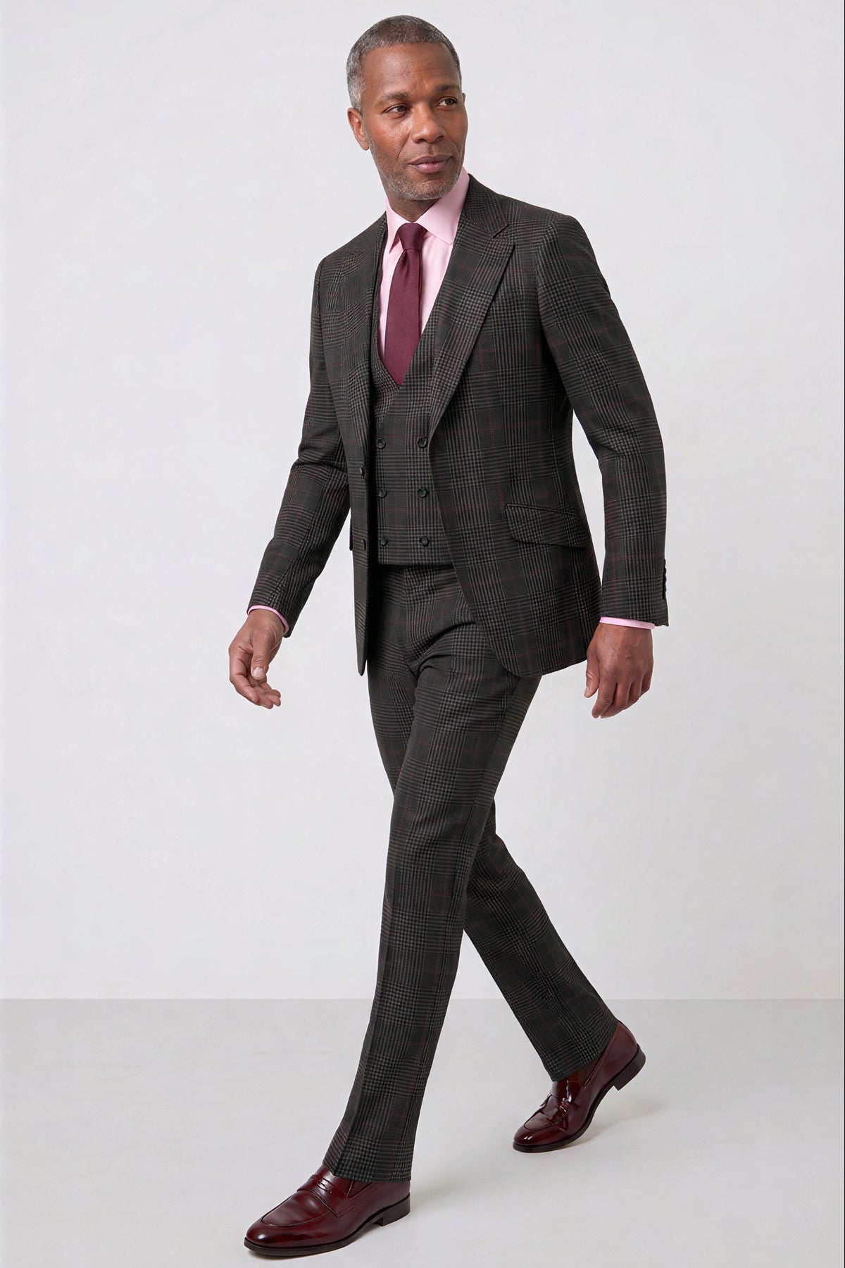 English Prince of Wales with Overcheck Suit — Charcoal Gray with Red