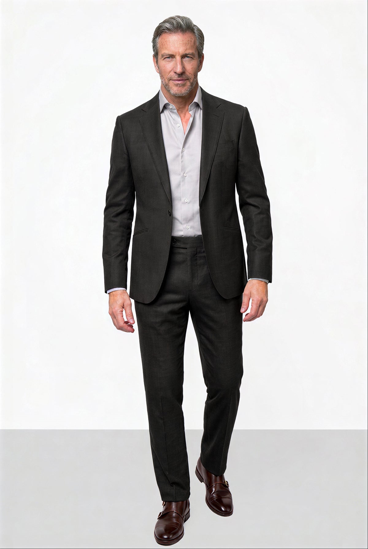 English Dugdale & Bros. Textured Weave Merino Wool Suit — Charcoal