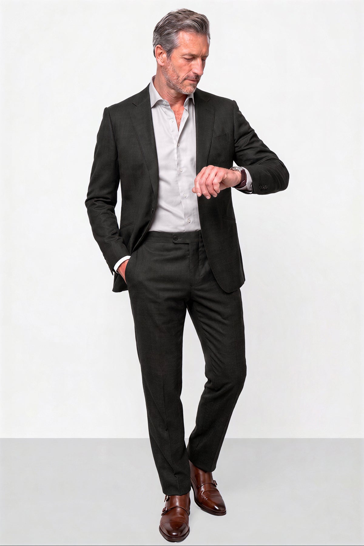 English Dugdale & Bros. Textured Weave Merino Wool Suit — Charcoal