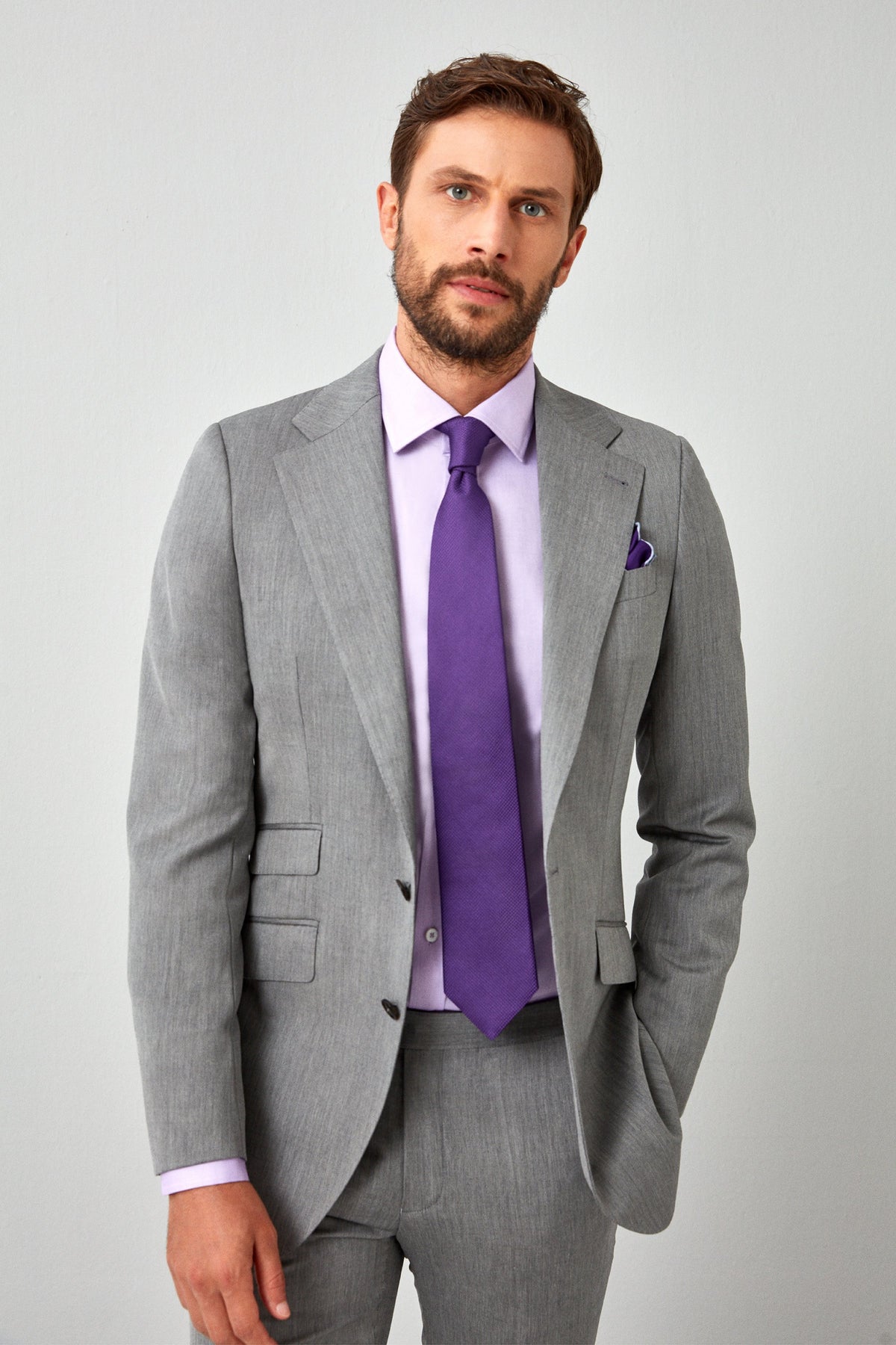 lavender shirt grey suit