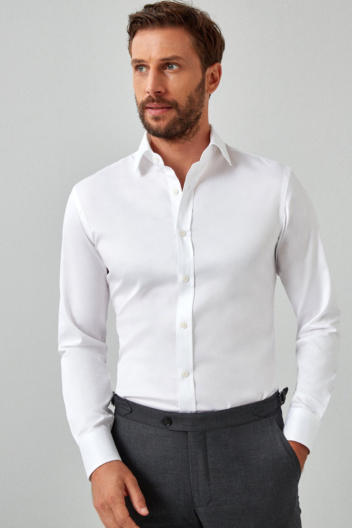 Gray Solid Worsted Plain Weave Trousers