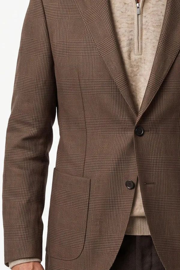 Brown glencheck jacket with a neutral quarter-zip knit