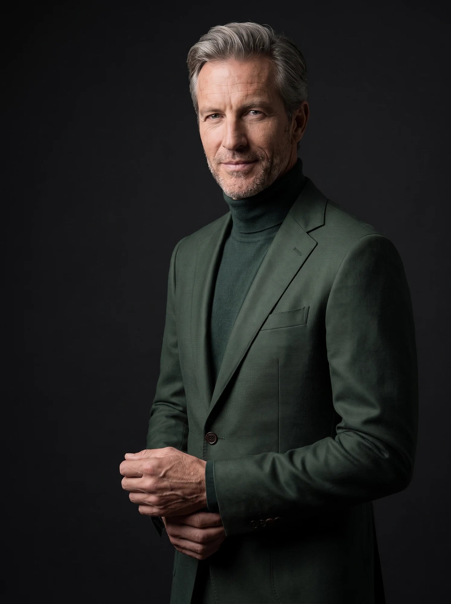 Forest-green tailoring with a tonal knit, photographed in the Photo Studio